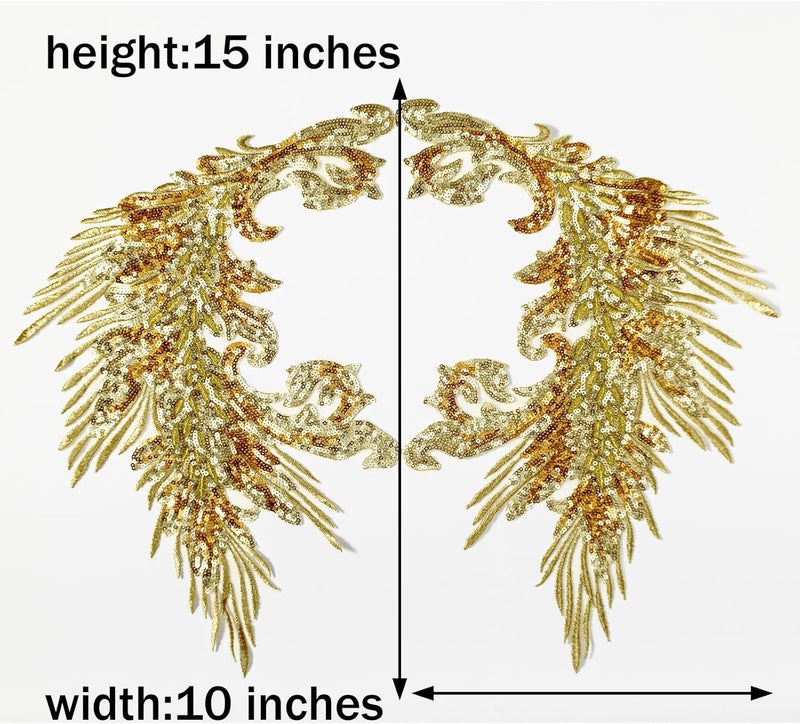 Silvora Pair Embroidery Phoenix Costume Sequin Appliques Patches, Peacock Feather Tail Applique Embellishments for Dance Dresses,Clothes,T-Shirt，Neckline Bodice Pants (Gold) - Image 3